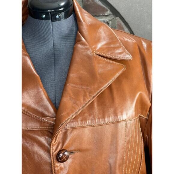 Leather Jacket sherpa lining carmel groovy 1970s - Picture 3 of 12